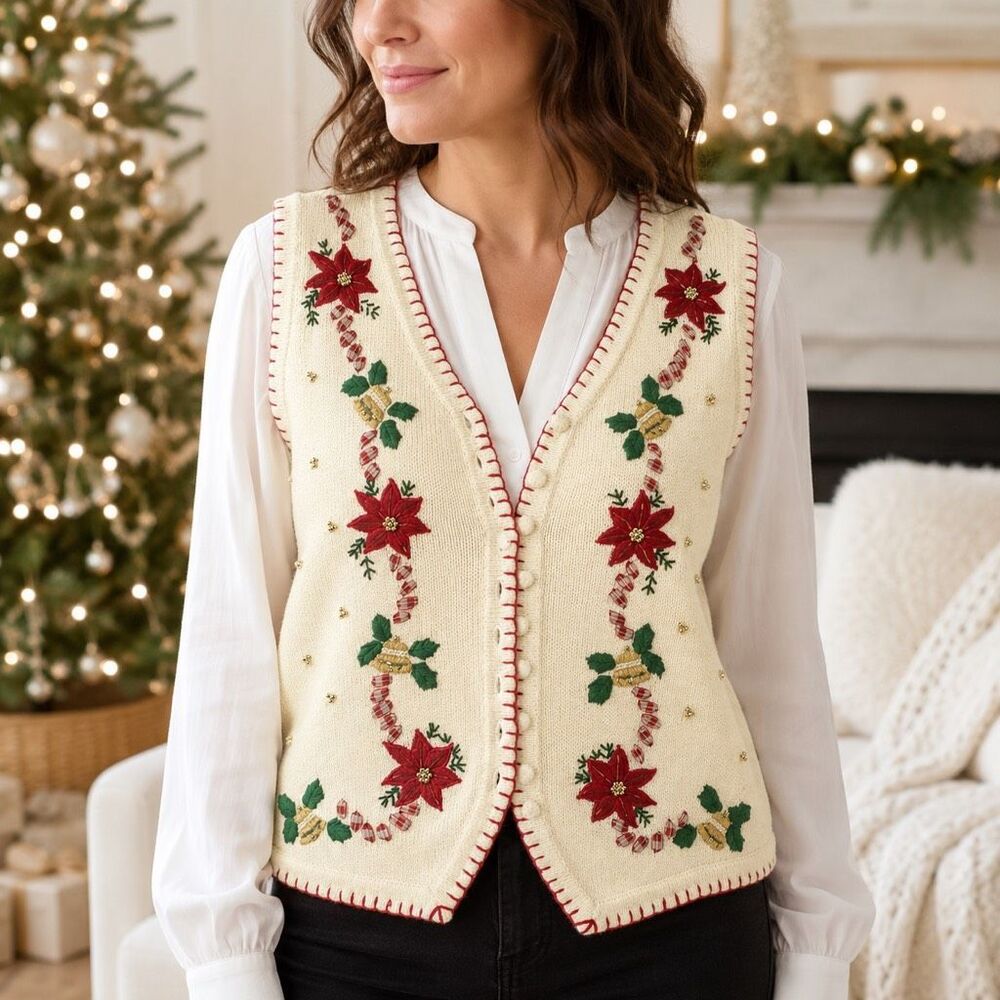 BP Design Womens LG Christmas Sweater Vest White Poinsettia Bells Embellished RE